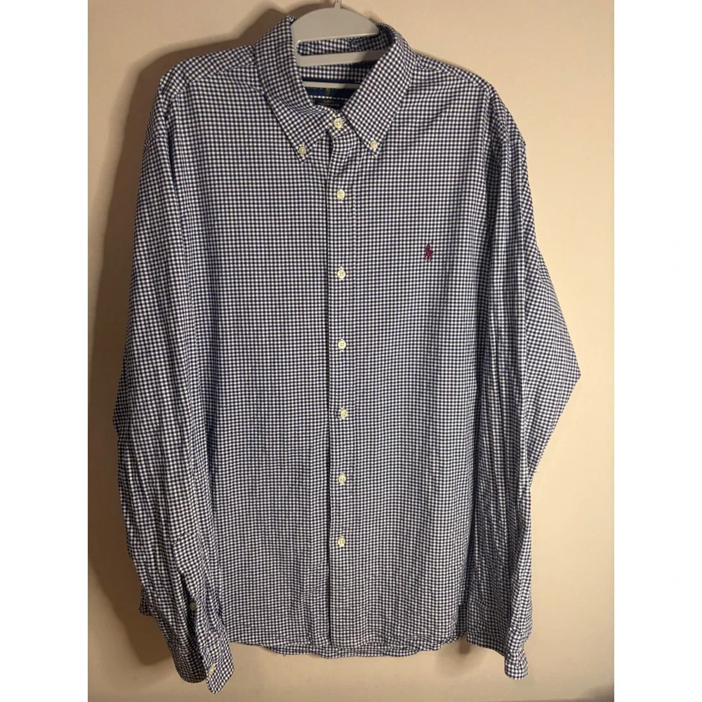 Polo Ralph Lauren Mens XL Slim Fit Stretch Oxford Gingham Shirt Navy Blue White